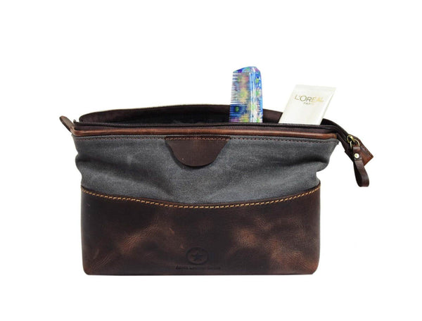 Valencia Canvas Leather Toiletry Bag - Vintage Brown - Aaron Leather Goods