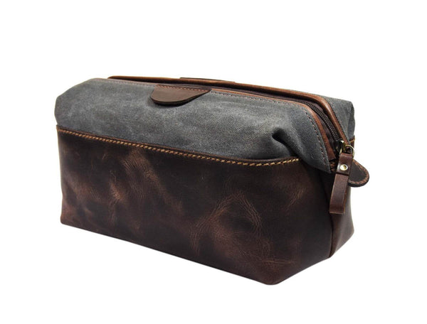 Valencia Canvas Leather Toiletry Bag - Vintage Brown - Aaron Leather Goods