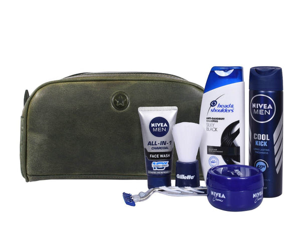 Omaha Leather Toiletry Bag - Seaweed Green - Aaron Leather Goods