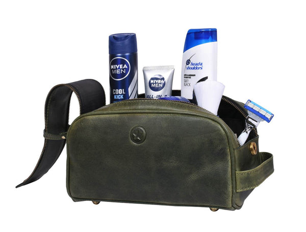 Omaha Leather Toiletry Bag - Seaweed Green - Aaron Leather Goods