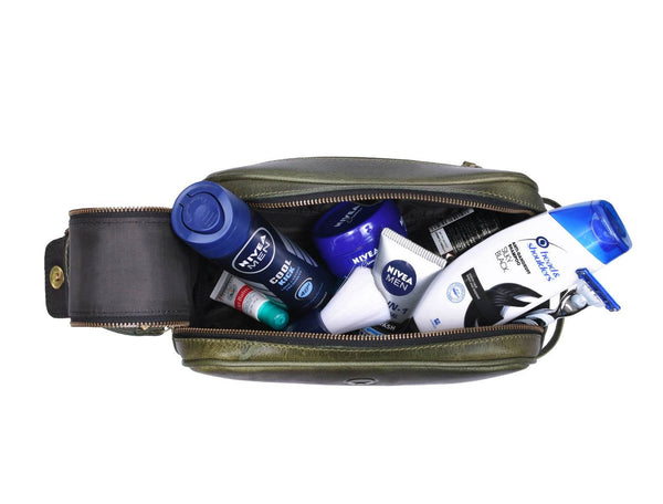 Omaha Leather Toiletry Bag - Seaweed Green - Aaron Leather Goods
