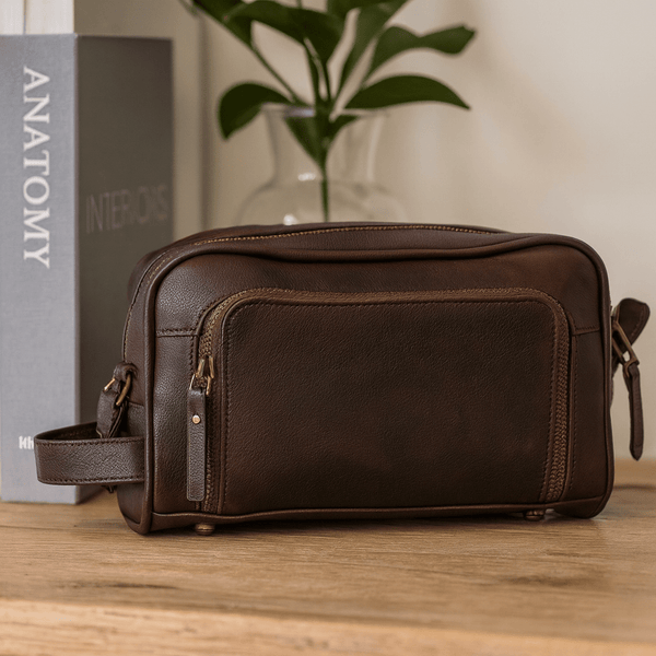 Barcelona Leather Toiletry Bag - Walnut Brown - Aaron Leather Goods