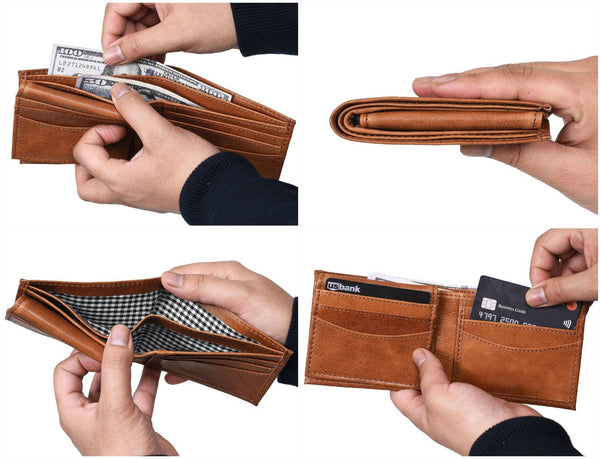 Montilla Leather Bifold Mens Wallet - Caramel Brown - Aaron Leather Goods