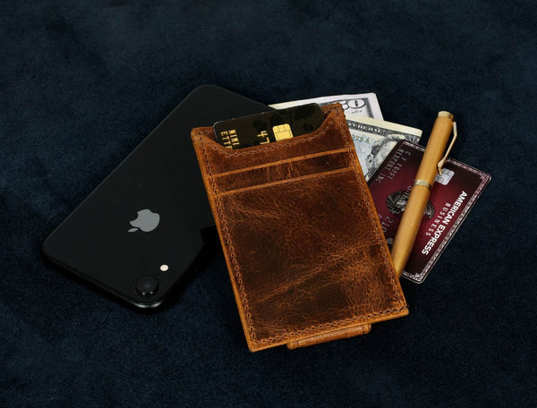 Sestao Leather Minimalist Money Clip Wallet - Caramel Brown - Aaron Leather Goods