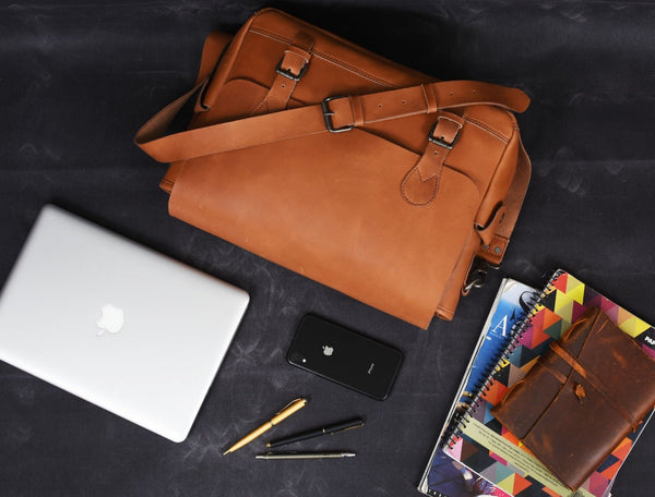 Madrid Leather Messenger Bag - Tan - Aaron Leather Goods Inc