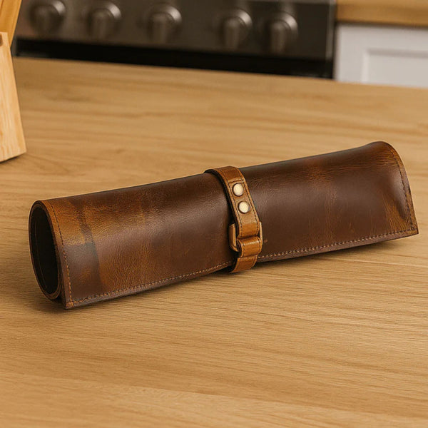 Malaga Leather Mini Knife Roll - Caramel - Aaron Leather Goods