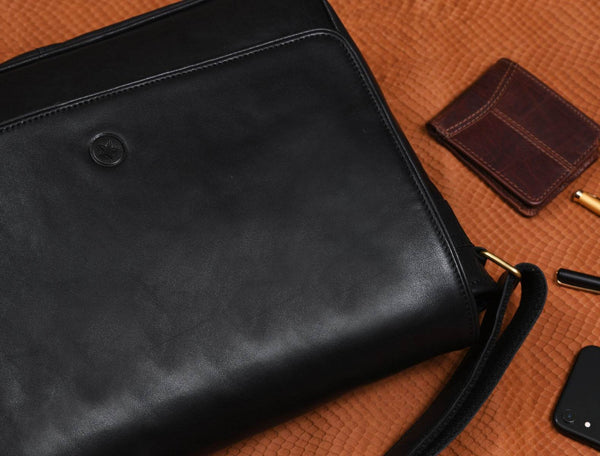 Savona Leather Messenger Bag - Raven Black - Aaron Leather Goods