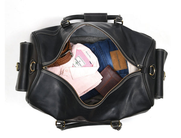 Pamplona Leather Duffle bag - Raven Black - Aaron Leather Goods Inc