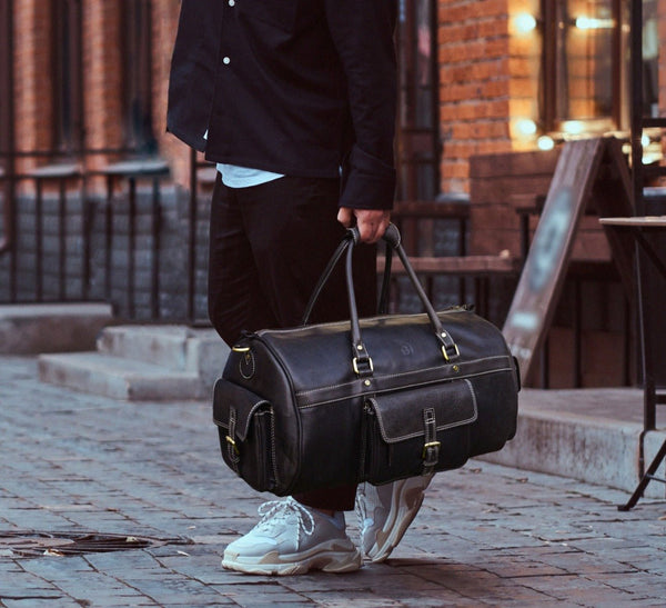 Pamplona Leather Duffle bag - Raven Black - Aaron Leather Goods Inc