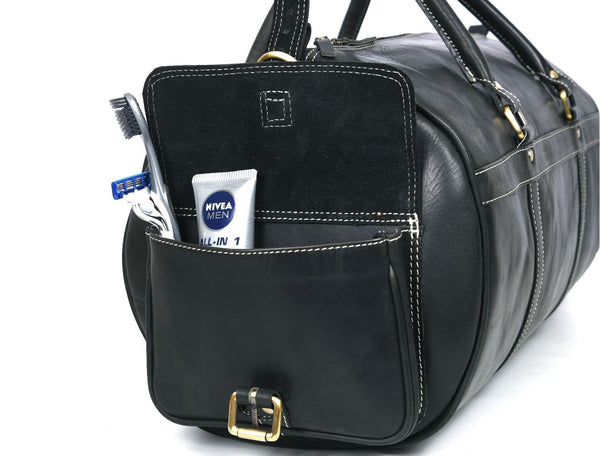 Pamplona Leather Duffle bag - Raven Black - Aaron Leather Goods Inc