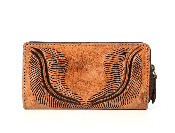 Paso Hand Tooled Leather Clutch - Caramel Brown - Aaron Leather Goods Inc