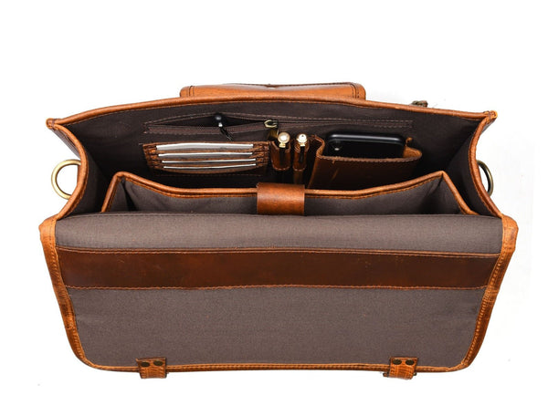 Ancona Leather Office Bag 15" - Caramel Brown - Aaron Leather Goods