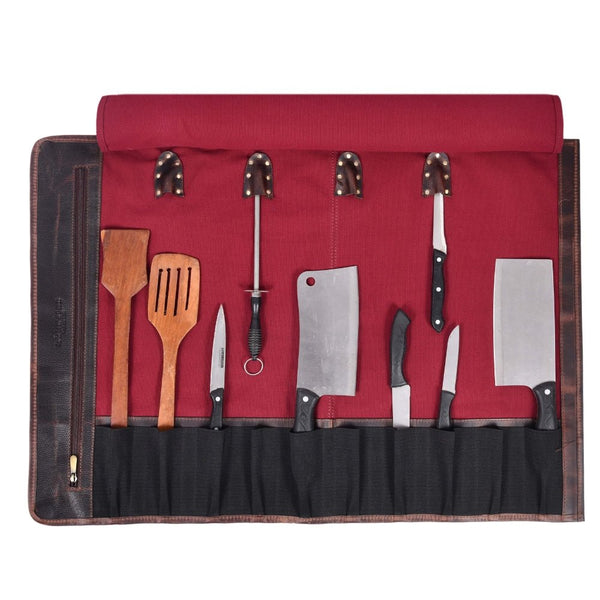Premium Leather Knife Roll Bag with Handle & Shoulder Strap – Professional Chef Tool Organizer (Red & Brown) - Aaron Leather Goods