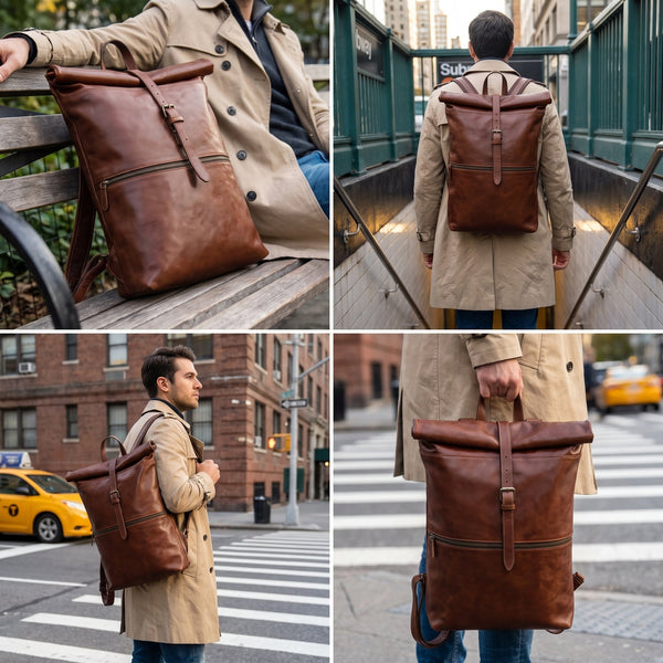 Rugged Leather Roll-Top Commuter Bag - Aaron Leather Goods Inc