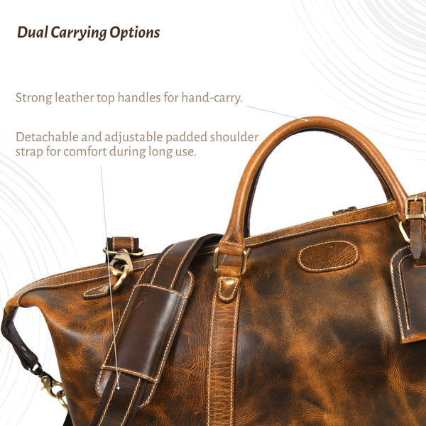 Vintage Brown Full-Grain Leather Duffle Bag with Adjustable Shoulder Strap – Handmade Travel Weekender by Aaron Leather Goods