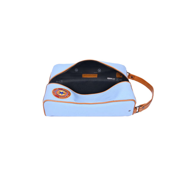 Sky Blue Canvas & Leather Travel Shoe Bag with Handle, Zip Closure - Aaron Leather Goods