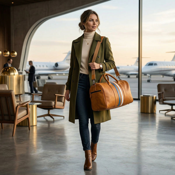Tan Leather Duffle Bag with Stripe Detail - Aaron Leather Goods Inc