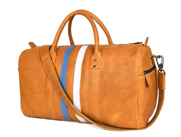 Tan Leather Duffle Bag with Stripe Detail - Aaron Leather Goods Inc