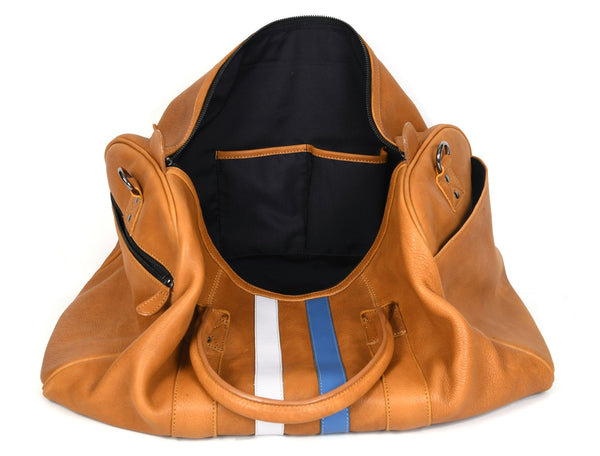 Tan Leather Duffle Bag with Stripe Detail - Aaron Leather Goods Inc