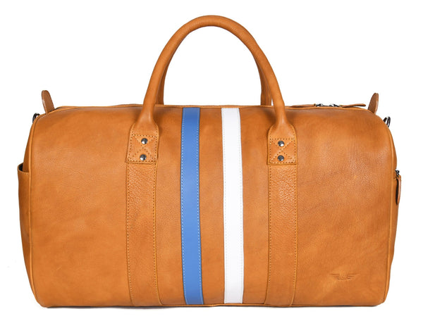 Tan Leather Duffle Bag with Stripe Detail - Aaron Leather Goods Inc