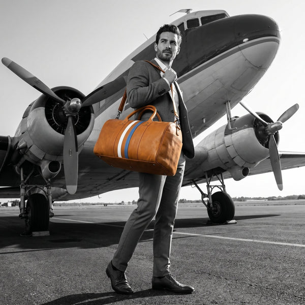 Tan Leather Duffle Bag with Stripe Detail - Aaron Leather Goods Inc