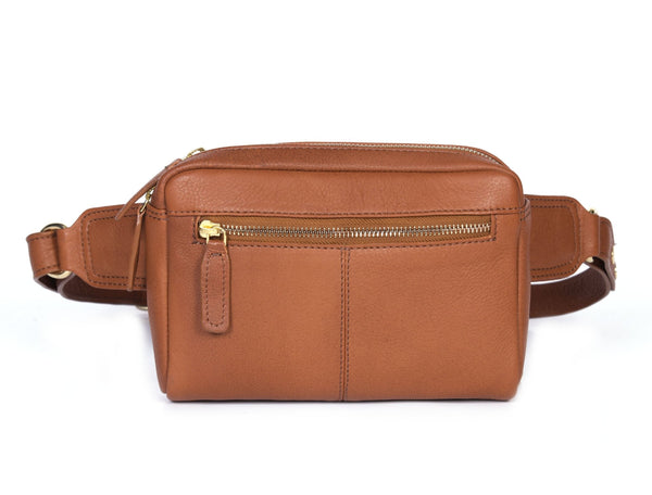 Tan Leather Waist Bag with Zipper Pocket - Aaron Leather Goods Inc