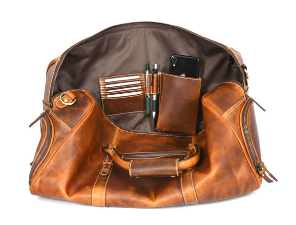 Arezzo Leather Overnight Bag - Caramel Brown - Aaron Leather Goods