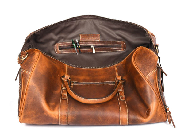 Arezzo Leather Overnight Bag - Caramel Brown - Aaron Leather Goods