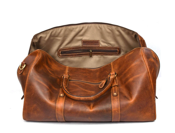 Taranto Leather Weekender Bag - Caramel Brown - Aaron Leather Goods
