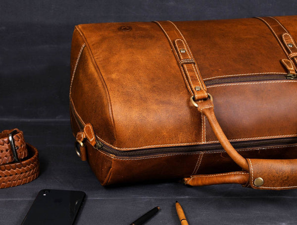 Taranto Leather Weekender Bag - Tawny Brown - Aaron Leather Goods