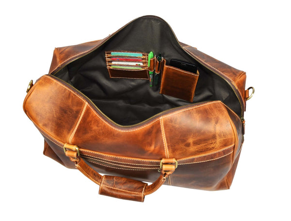 the Leather Duffle Bags - Caramel Brown - Aaron Leather Goods Inc