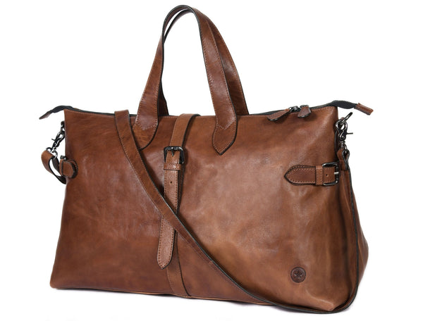 Timeless Leather Weekender Bag with Top Handles - Brown - Aaron Leather Goods Inc