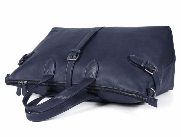 Timeless Leather Weekender Bag with Top Handles- Navy - Aaron Leather Goods Inc