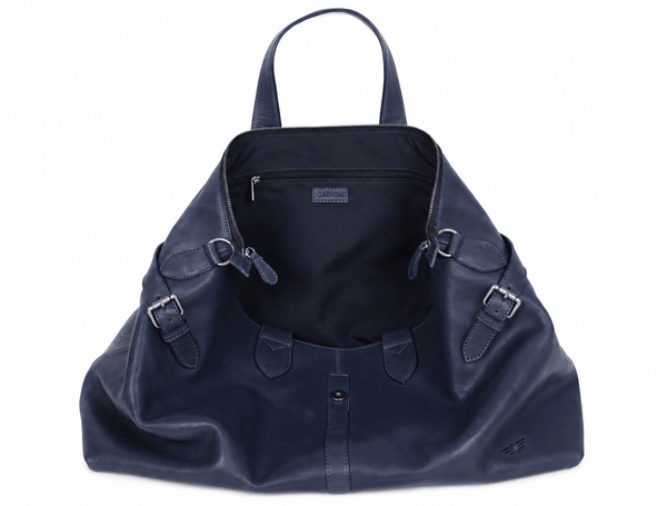 Timeless Leather Weekender Bag with Top Handles- Navy - Aaron Leather Goods Inc