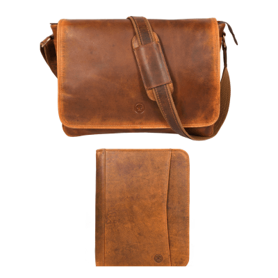 Boulder Leather Messenger Bag & Organizer Combo - Caramel - Aaron Leather Goods