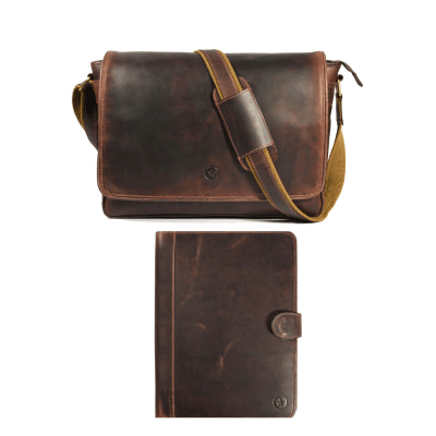 Boulder Leather Messenger Bag & Organizer Combo - Brown - Aaron Leather Goods
