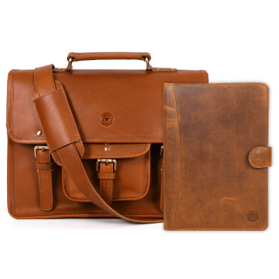 Aaron Leather Goods leather Briefcase & Organizer Combo- Brown - Aaron Leather Goods