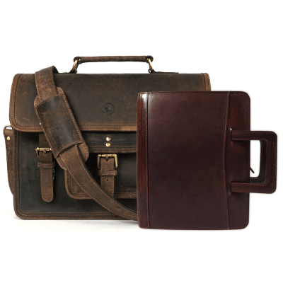 Aaron Leather Goods leather Briefcase & Organizer Combo- Brown - Aaron Leather Goods