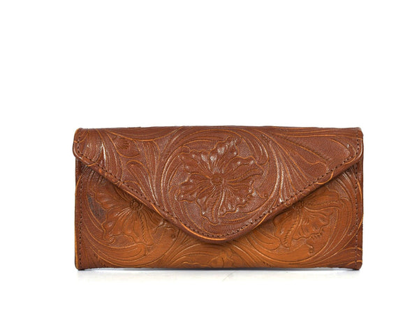 Vandiver Hand Tooled Leather Clutch - Caramel Brown - Aaron Leather Goods Inc