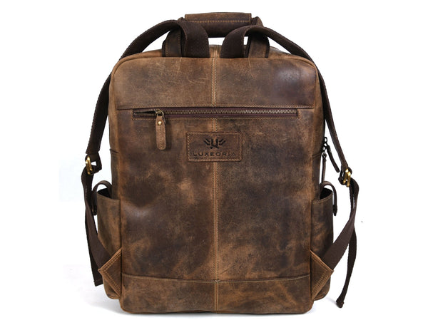 Vintage Crazy Horse Leather Backpack & Eagle Engraved Leather Belt Gift Set for Men | Handmade Full Grain Leather Travel & Everyday Combo - Aaron Leather Goods Inc
