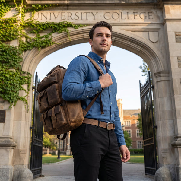 Vintage Crazy Horse Leather Backpack & Eagle Engraved Leather Belt Gift Set for Men | Handmade Full Grain Leather Travel & Everyday Combo - Aaron Leather Goods Inc