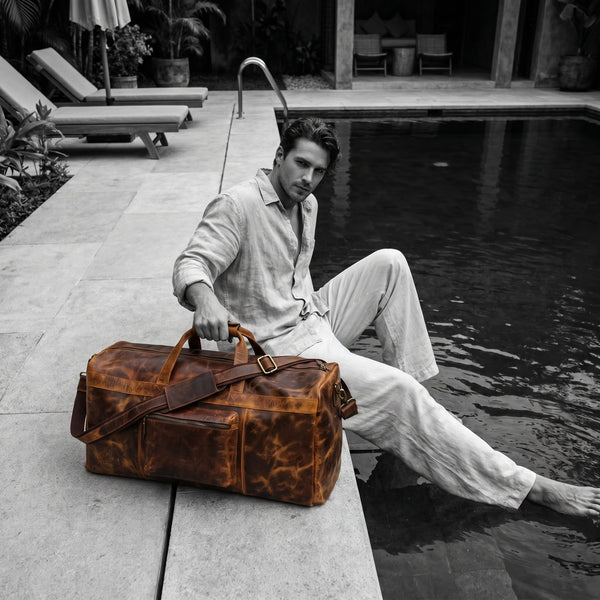 Vintage Crazy Horse Leather Duffle Bag for Travel & Weekender Trips | 23 Inch Full-Grain Leather Holdall - Aaron Leather Goods Inc