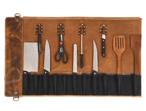 Vintage Leather Knife Roll Bag with Shoulder Strap – Chef Tool Organizer - Aaron Leather Goods Inc