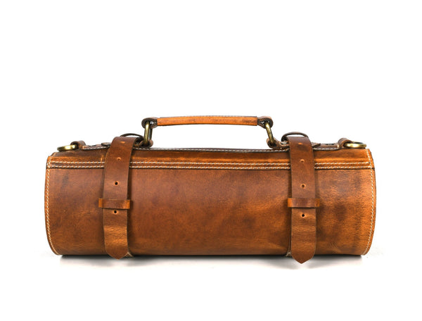Vintage Leather Knife Roll with Zipper Pocket & Shoulder Strap – Chef Tool Organizer - Aaron Leather Goods Inc