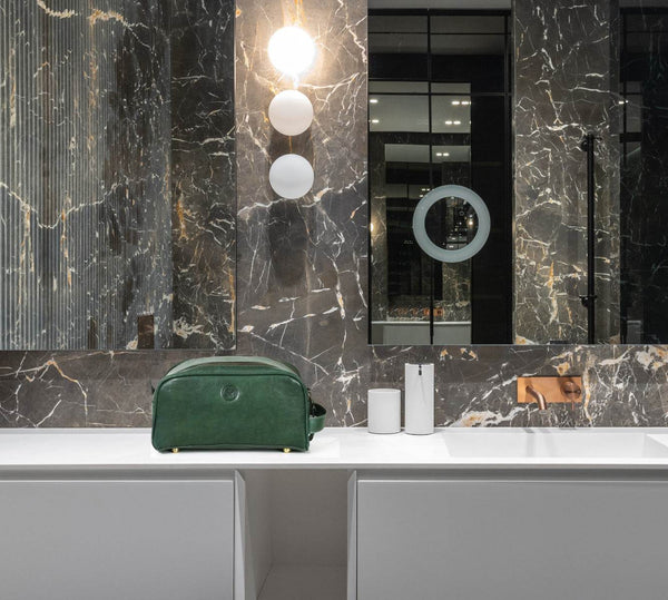 Omaha Leather Toiletry Bag - Pine Green - Aaron Leather Goods