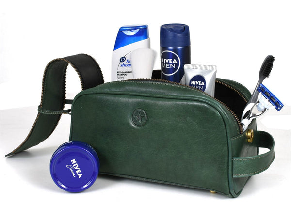 Omaha Leather Toiletry Bag - Pine Green - Aaron Leather Goods