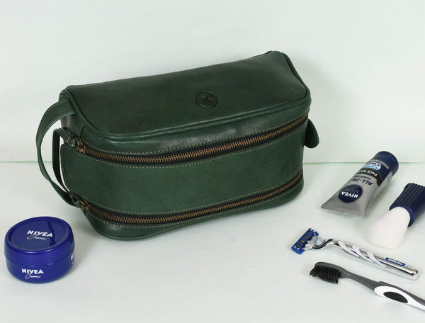 Omaha Leather Toiletry Bag - Pine Green - Aaron Leather Goods