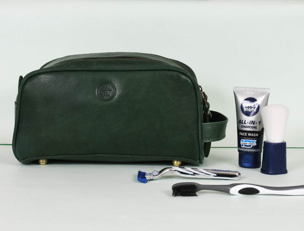 Omaha Leather Toiletry Bag - Pine Green - Aaron Leather Goods