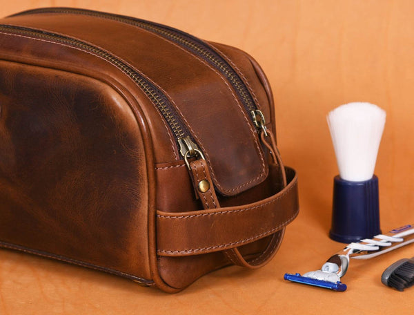Omaha Leather Toiletry Bag - Hickory Brown - Aaron Leather Goods
