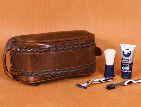 Omaha Leather Toiletry Bag - Hickory Brown - Aaron Leather Goods